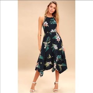 Lulus you and lani navy tropical midi dress